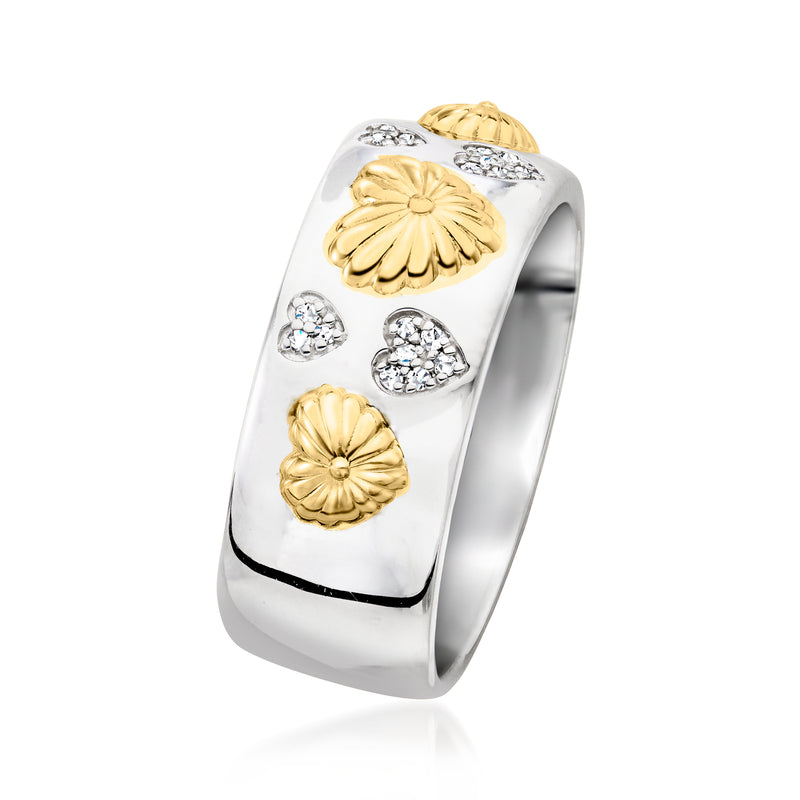 Sterling silver heart ring with gold floral hearts and diamond heart details