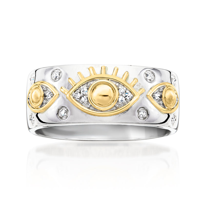 Sterling silver evil eye ring with gold accents and diamond stones, rounded band