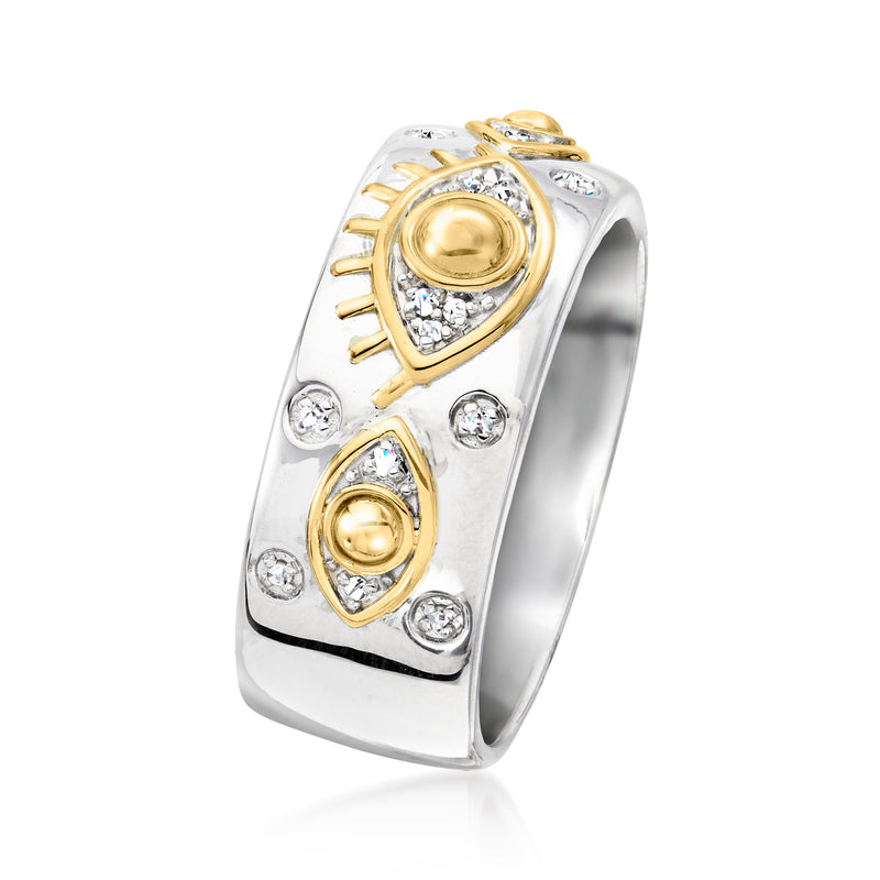 Sterling silver evil eye ring with gold bezel details and diamond stones, angled view
