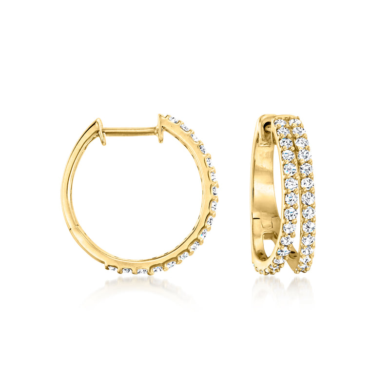 Gold hoop earrings with double row of clear stones, hinged posts