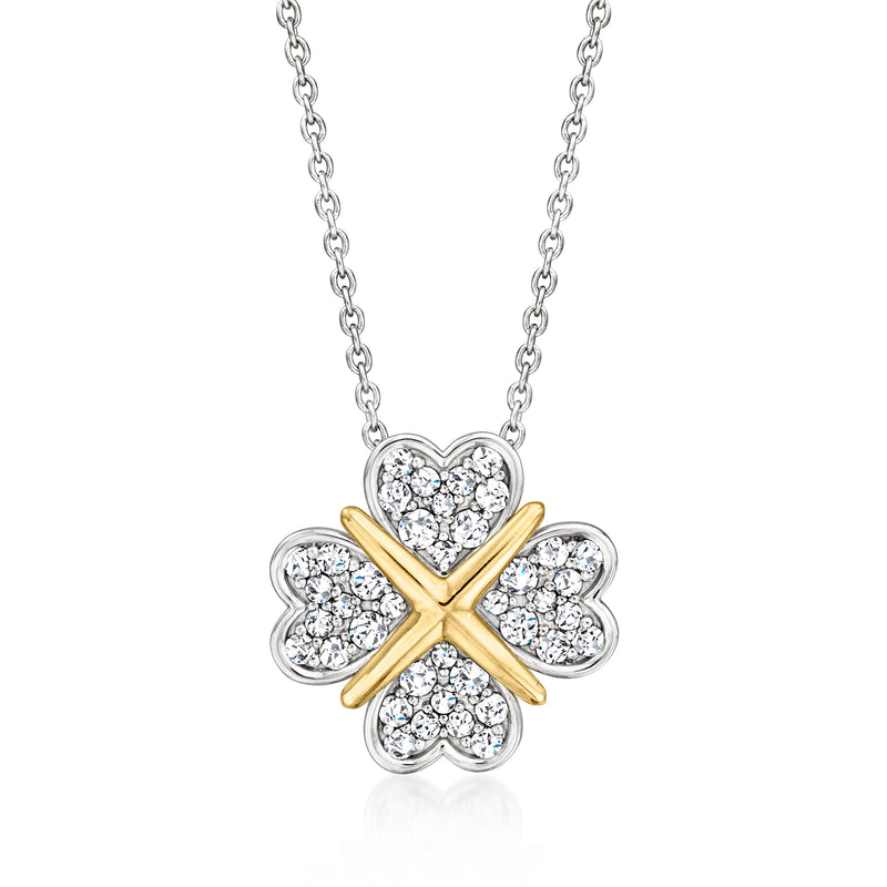 Sterling silver clover pendant necklace with yellow gold cross and diamond-like stones
