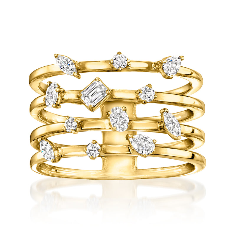 Gold multi-row diamond ring with mixed-cut stones, 18k gold over sterling