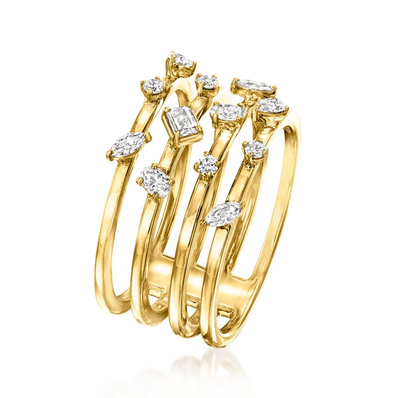 Gold multi-row diamond ring, stacked bands with various mixed-cut gemstones