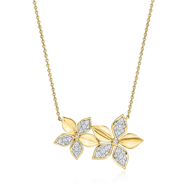 Gold flower diamond pendant necklace with five-petal motif and thin chain