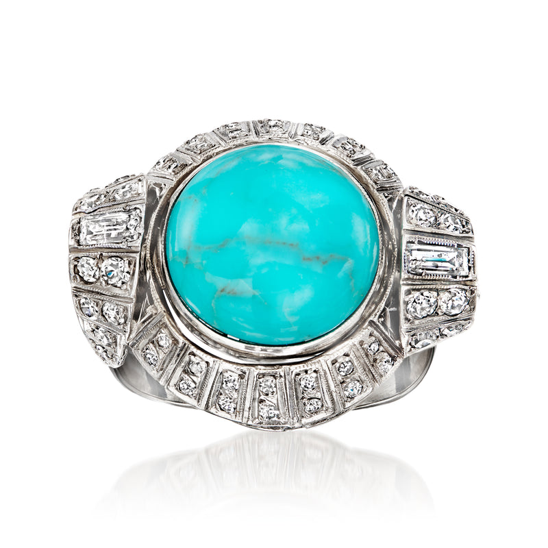 Vintage turquoise cabochon ring with diamond accents in white gold, round setting