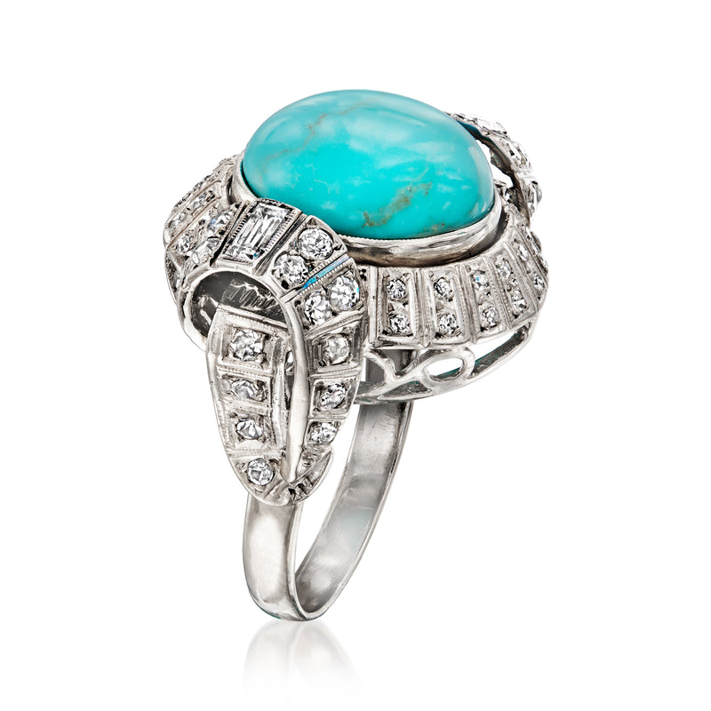 Vintage turquoise cabochon ring in white gold with side diamond clusters, openwork
