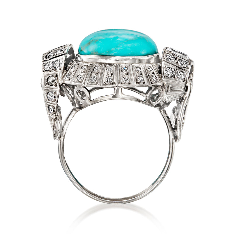 Vintage turquoise cabochon ring with baguette-like diamond borders, white gold band