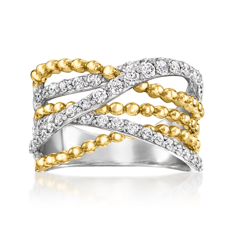 Interwoven diamond and gold beaded ring in sterling silver
