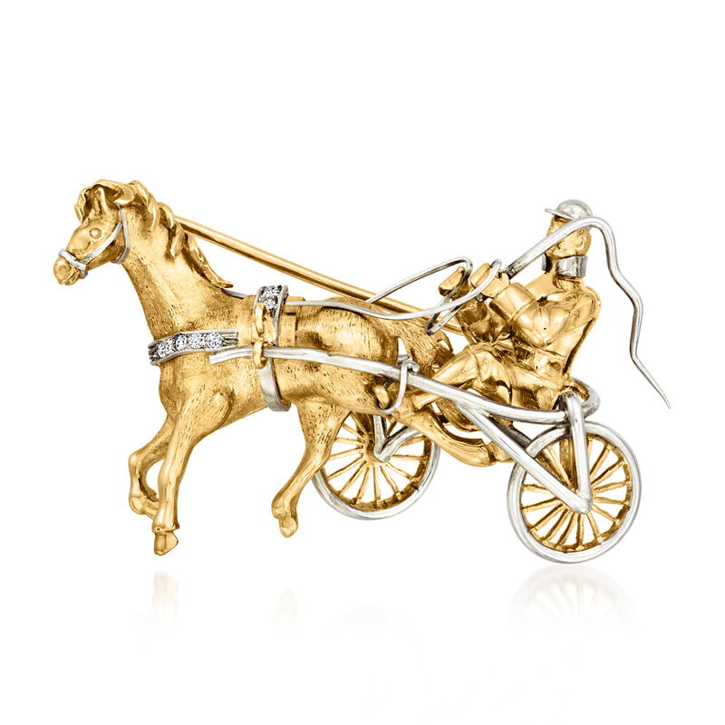 Two-tone gold horse and buggy lapel pin with diamond accents, vintage style