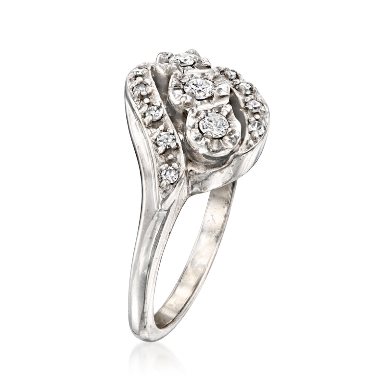 Vintage 14kt white gold wavy diamond ring with clustered round stones