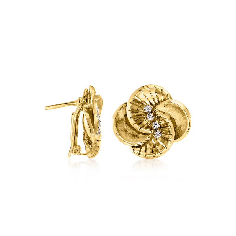 18kt yellow gold swirl earrings, post style, with diamond accents