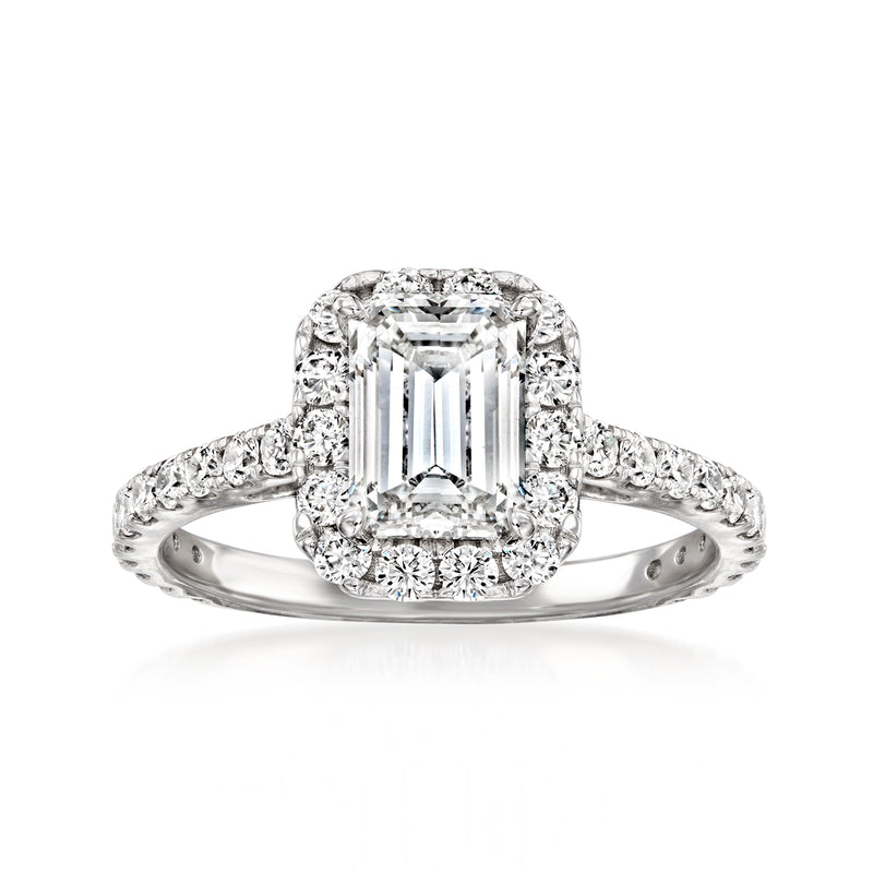 14k white gold lab-grown diamond ring, emerald-cut center with halo