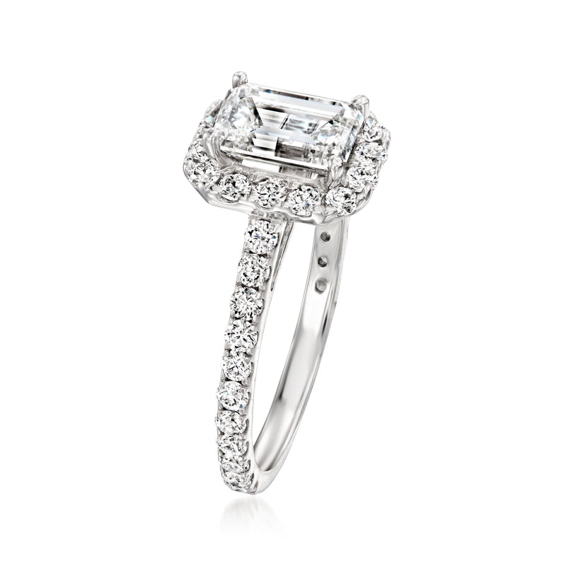 14kt white gold ring with emerald-cut lab-grown diamond halo and pavé band