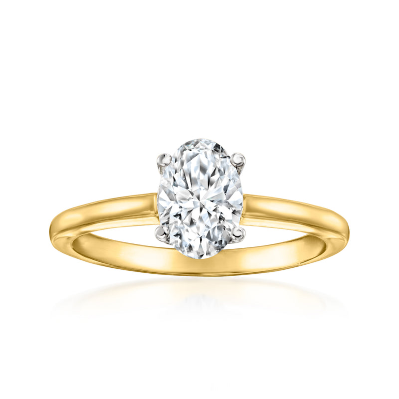 Two-tone gold solitaire ring with oval lab-grown diamond, raised prong setting