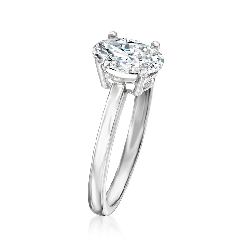 14kt white gold oval lab-grown diamond solitaire ring, slender band, prongs visible