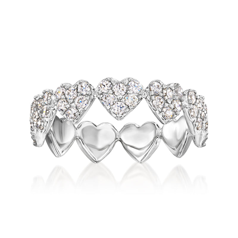 Sterling silver heart-shaped CZ tennis ring band with glittering stones