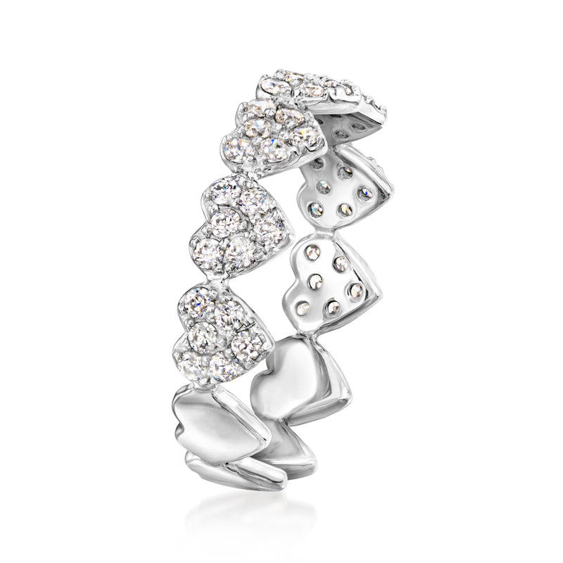Sterling silver stack ring with raised heart CZ stones in a curved band