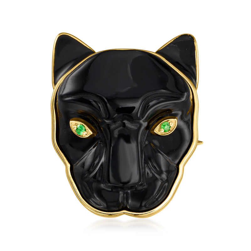 Onyx Panther Pin/Pendant with Black Enamel and Tsavorites in 18kt Gold Over Sterling