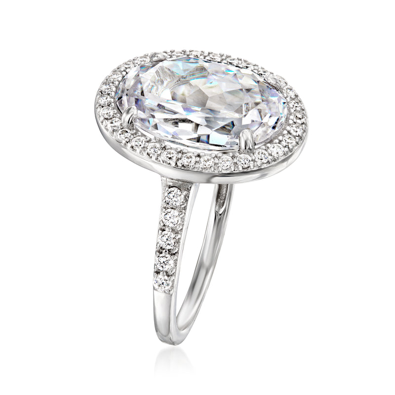 Oval clear CZ halo ring in sterling silver