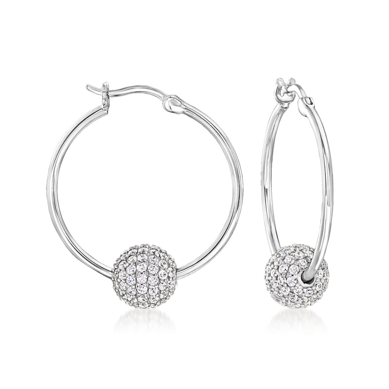 Sterling silver CZ bead hoop earrings with pavé crystal sphere