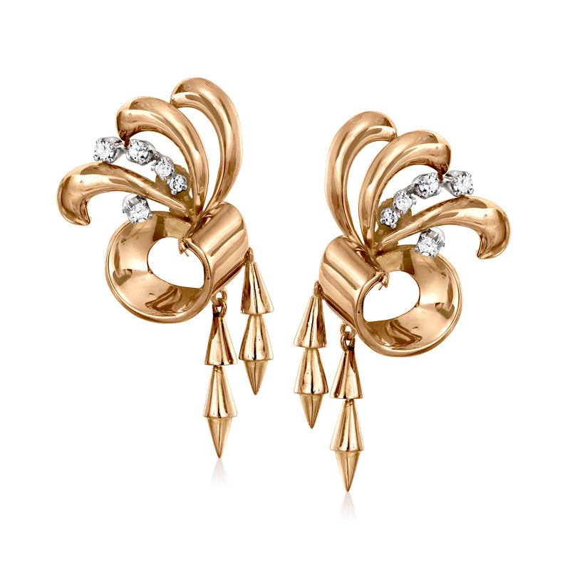 Vintage 18kt yellow gold scroll earrings with round diamond accents