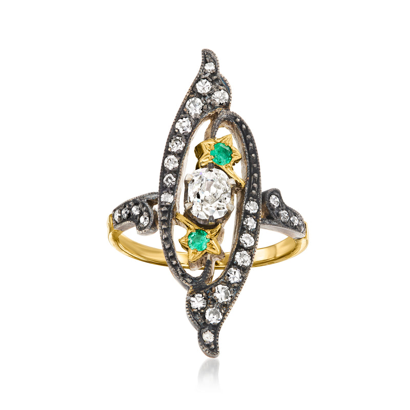 Marquise vintage diamond ring with green emeralds, sterling silver and yellow gold