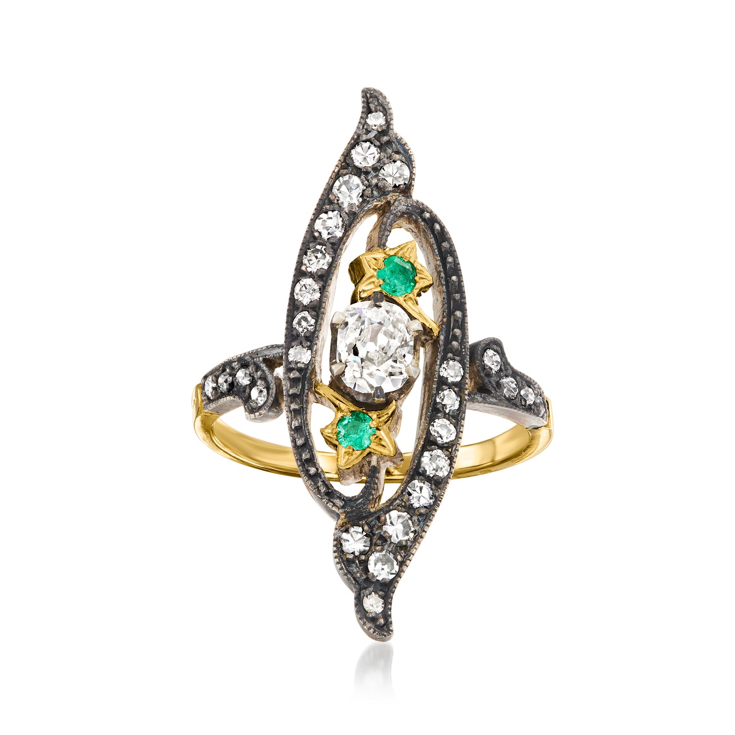 C. 1920 Vintage .95 ct. t.w. Diamond Ring with .10 ct. t.w. Emeralds in Sterling Silver and 18kt Yellow Gold