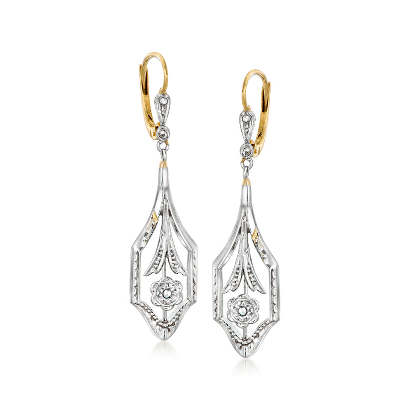Two-tone gold leverback diamond drop earrings with engraved teardrop motifs