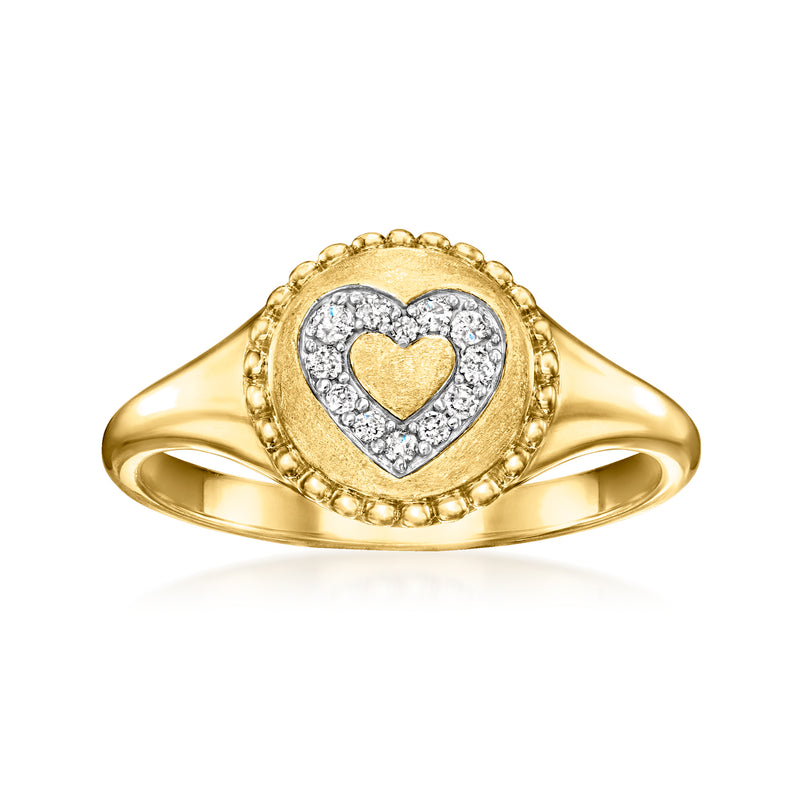 Heart-shaped diamond halo signet ring in gold-tone setting on band