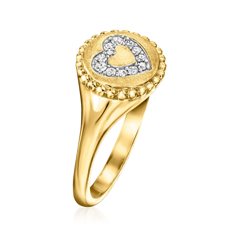 18kt gold over sterling diamond heart signet ring with textured bezel