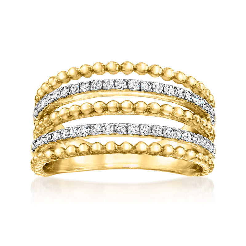 Gold multi-row ring with bead-style bands and two diamond-trimmed rows