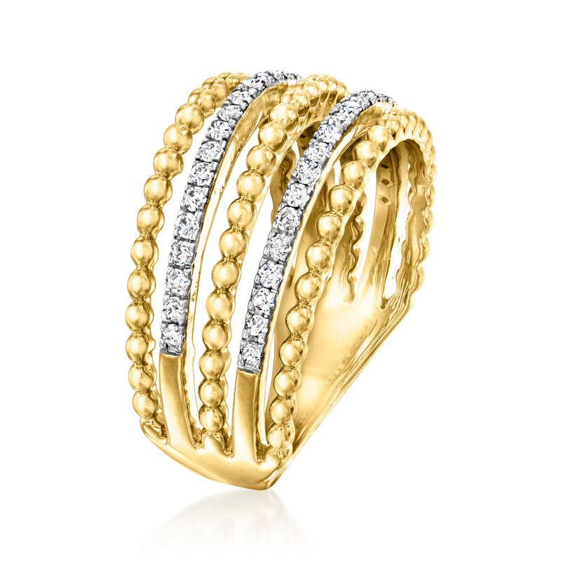 18kt gold over sterling ring with three textured rows and bright diamond stripes