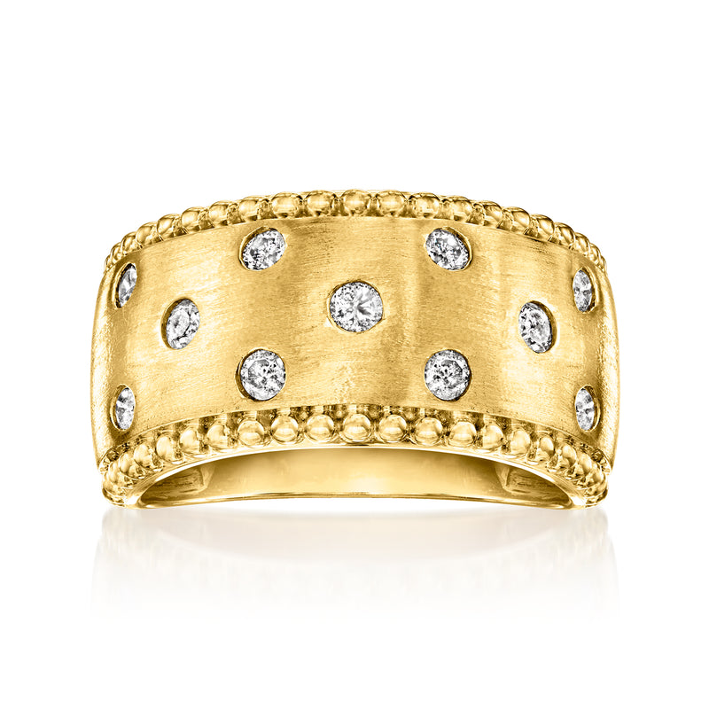 Gold band ring with scattered round diamonds and beaded edges