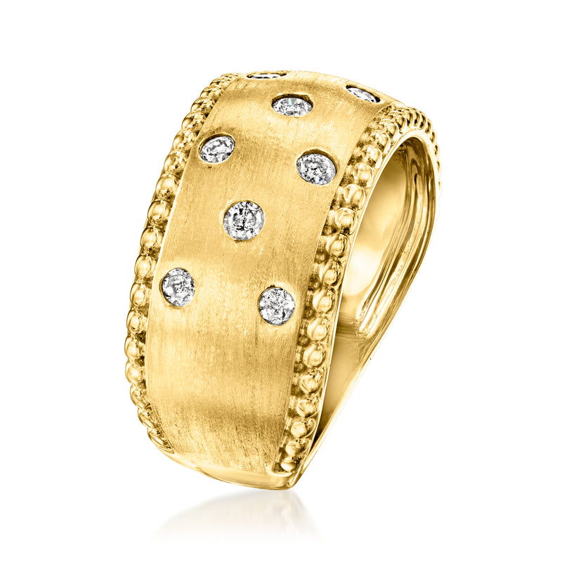 Gold domed ring with scattered round diamonds and beaded side border