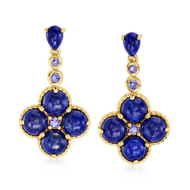 Gold drop earrings with dark blue gemstones in a floral cluster, with small round accents