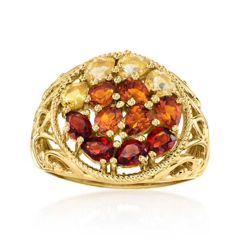 Gold over sterling ring with round orange and yellow gemstones in ornate halo setting