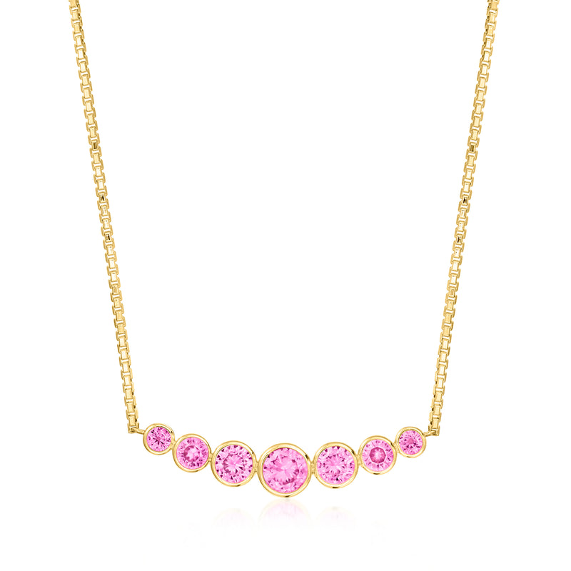 Gold vermeil curved bar necklace with graduated pink bezel-set gemstones
