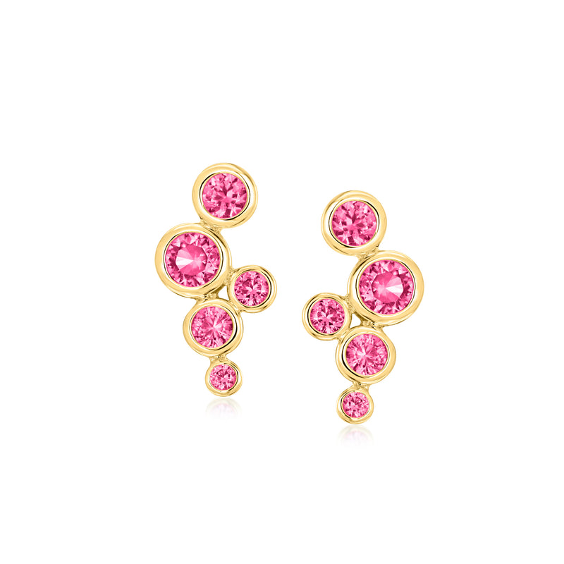 Gold-tone post earrings with five round pink gemstones in a clustered bubble design