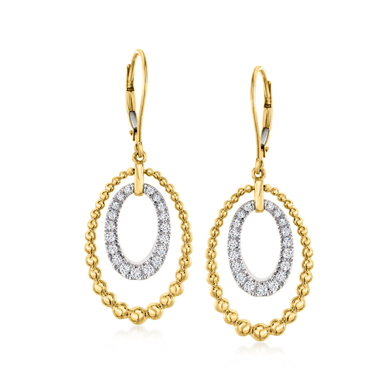 Diamond double-oval drop earrings with beaded gold outer oval and leverback hooks