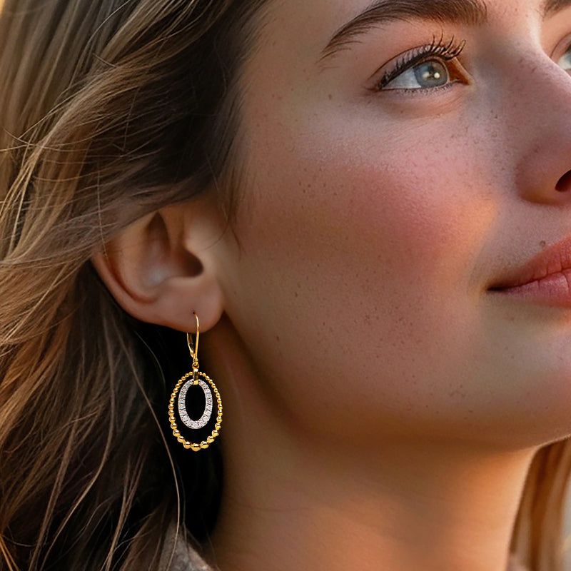 Diamond double-oval beaded drop earring in 18kt gold over sterling