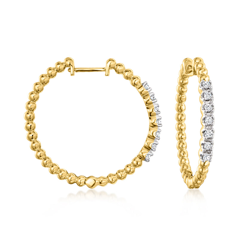 18kt gold hoop earrings with diamond beaded accents, round hoop design