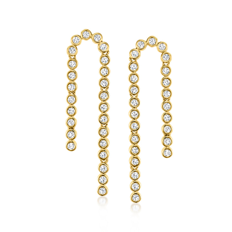 Bezel-set diamond beaded drop earrings in gold, round stones in a vertical line