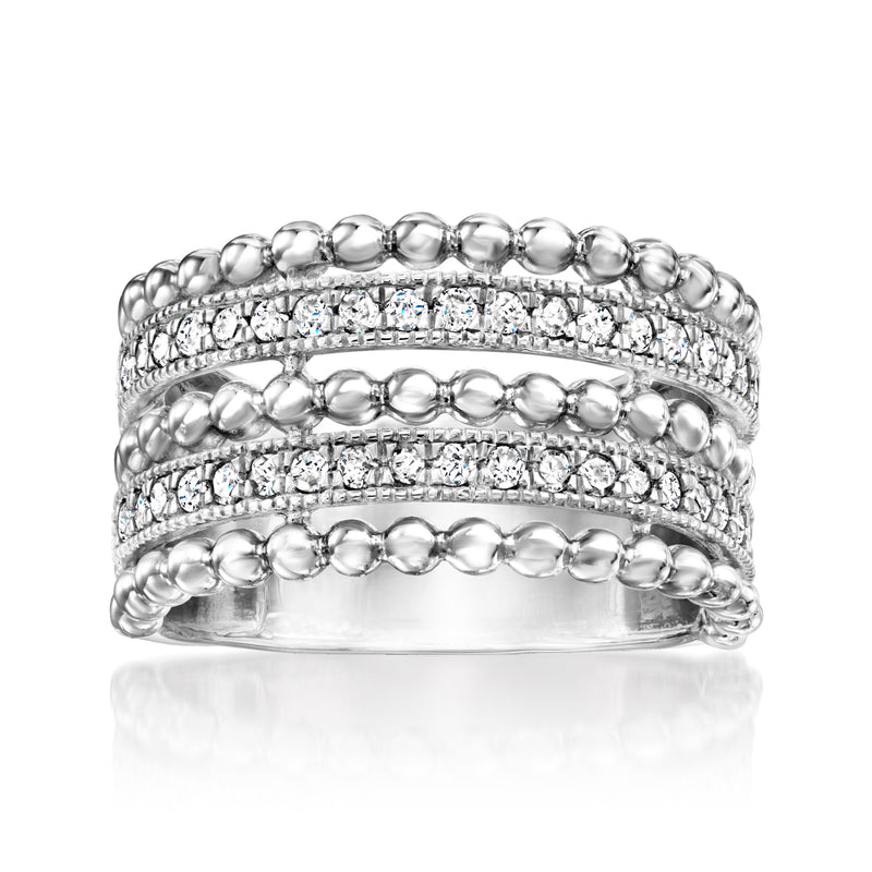 Sterling silver diamond beaded multi-row ring band with round bead accents
