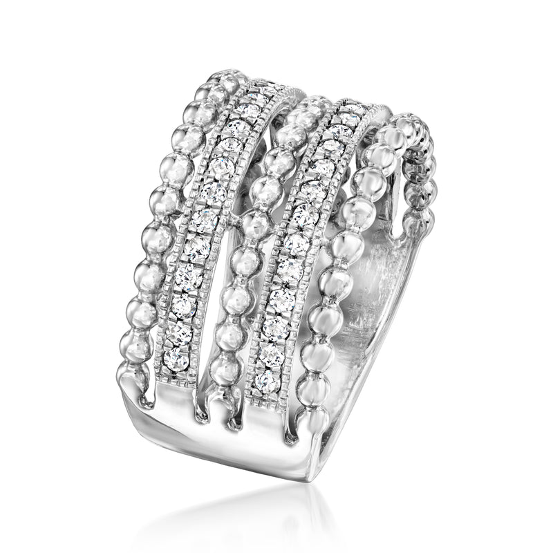 Sterling silver diamond beaded multi-row band ring with three textured rows