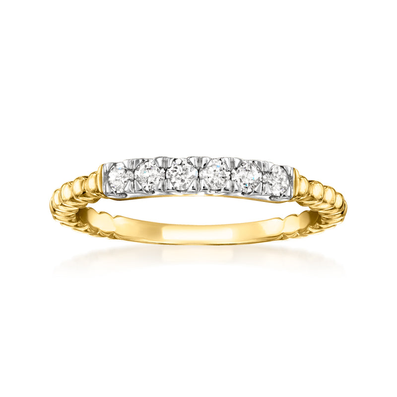 Gold diamond beaded ring with central row of round stones, polished band