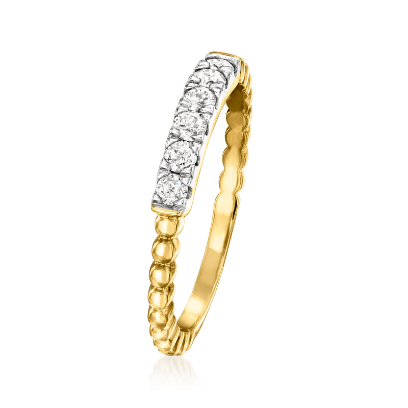 Gold diamond beaded ring, side view with channel-set round stones