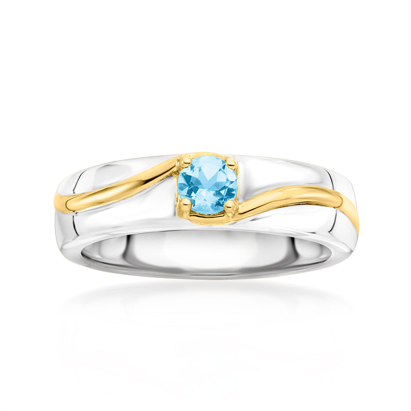 Swiss blue topaz ring with oval gemstone in gold bezel on sterling silver band