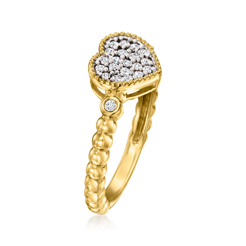 18kt gold over sterling heart beaded ring with diamond cluster top and side stone