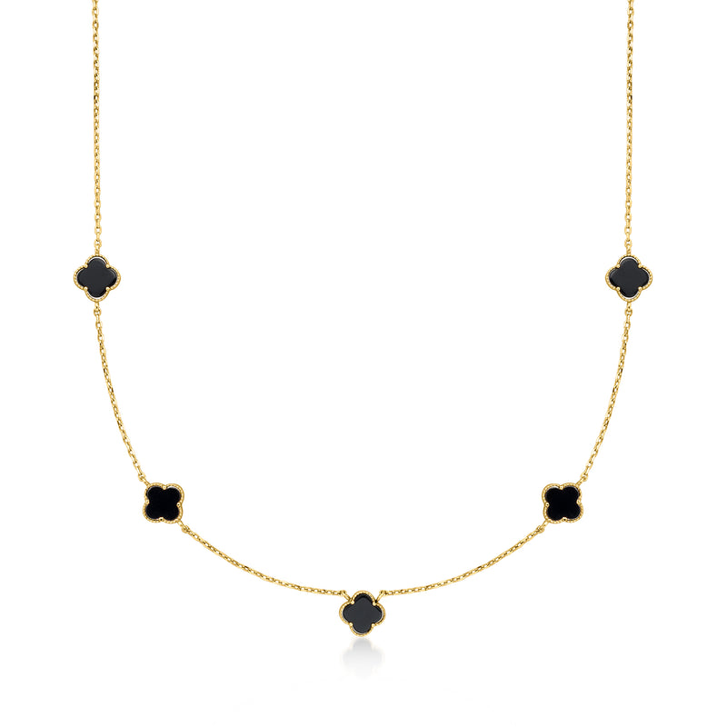 10kt yellow gold clover station necklace with dark onyx black clover charms