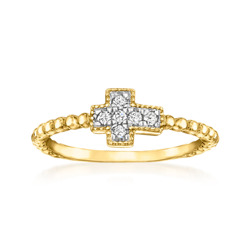Gold cross beaded ring with round stone cluster center and sparkling halo detailing